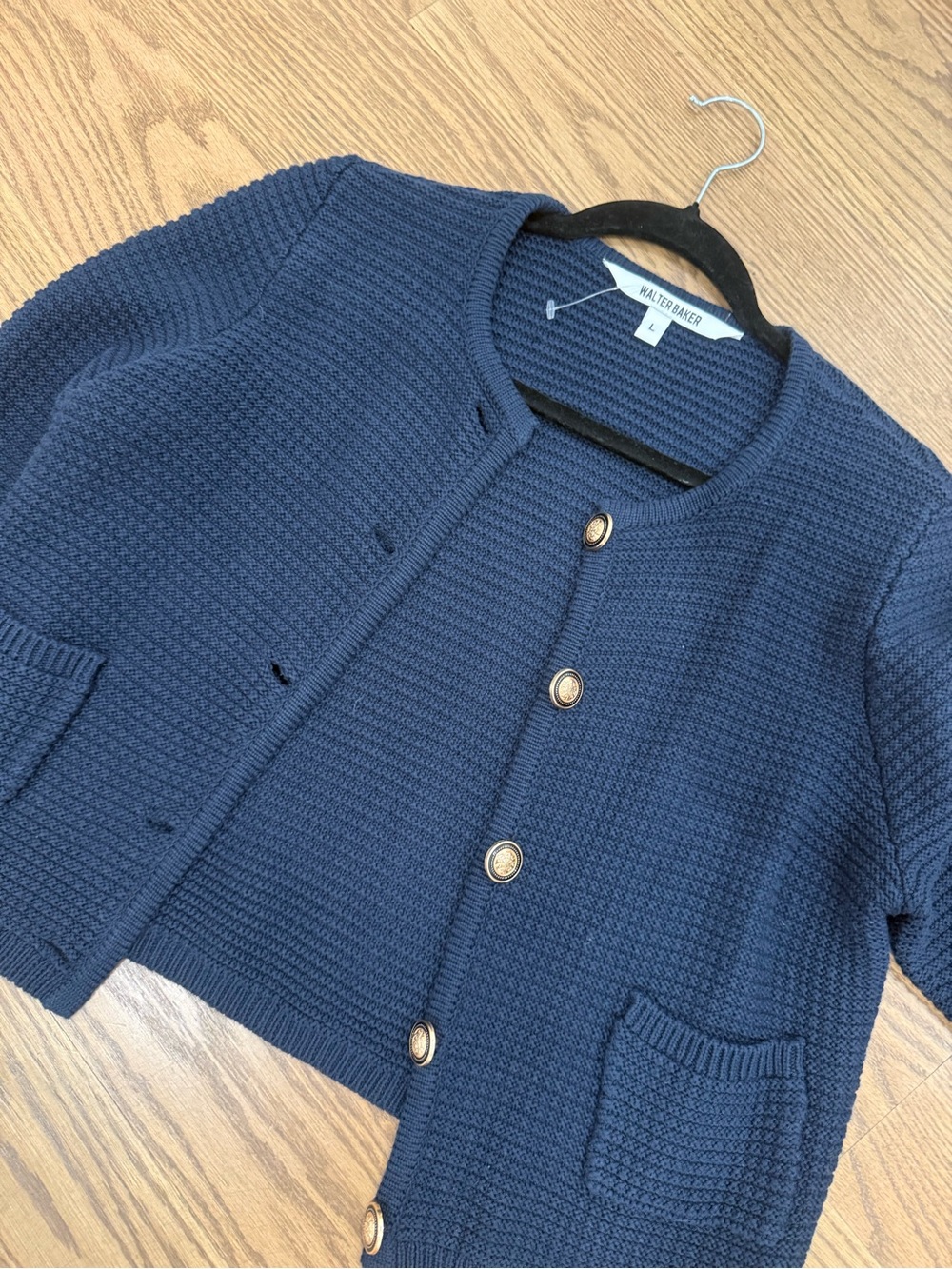 Walter Baker Navy Textured Knit Cardigan with Gold Buttons